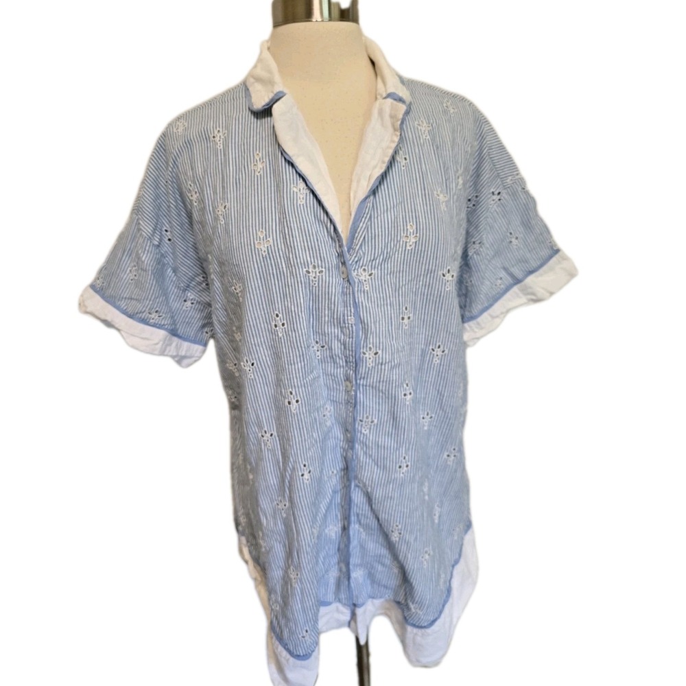 Anthropologie The Bijou Top Size Large Women's Casual Striped Eyelet Shirt